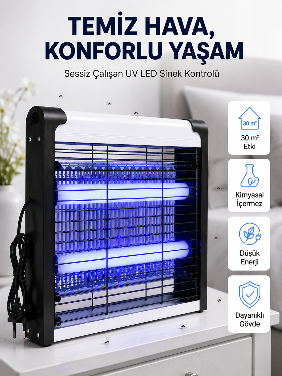 Elektrikli UV LED Sinek Öldürücü Sessiz Çalışan Etkili Böcek Tuzağı