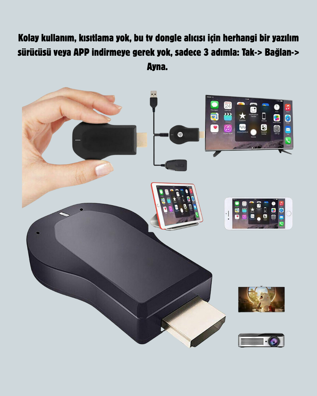 HDMI Kablosuz Ekran Alıcısı – iOS, Android,PC Uyumluluğu
