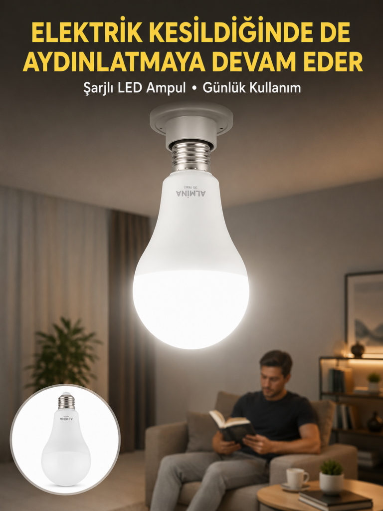 Acil Durumlar İçin Şarjlı LED Ampul 6400K Soğuk Beyaz 30 Watt Yeni Nesil