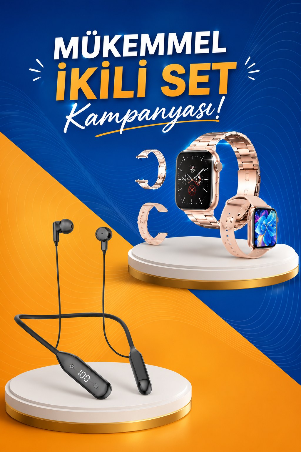 Kablolu Bluetooth Kulaklık ve Kadınlara Özel Bileklik Hediyeli Yeni Nesil Akıllı Saat 3 Kordonlu