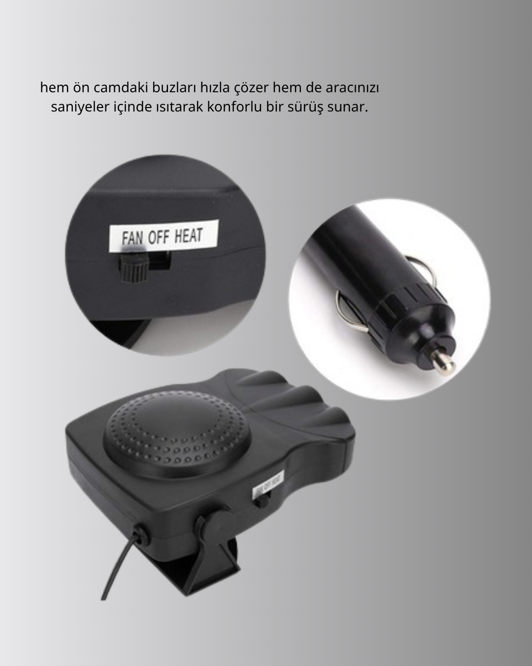 Araç İçi Isıtıcı ve Fan 3’ü 1 Arada 12V Çakmak Girişli ve Hızlı Isınma Özellikli