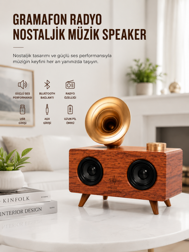 Bluetooth Nostalji Speaker Radyo Gramofon Ahşap Renk Vintage Yeni Nesil