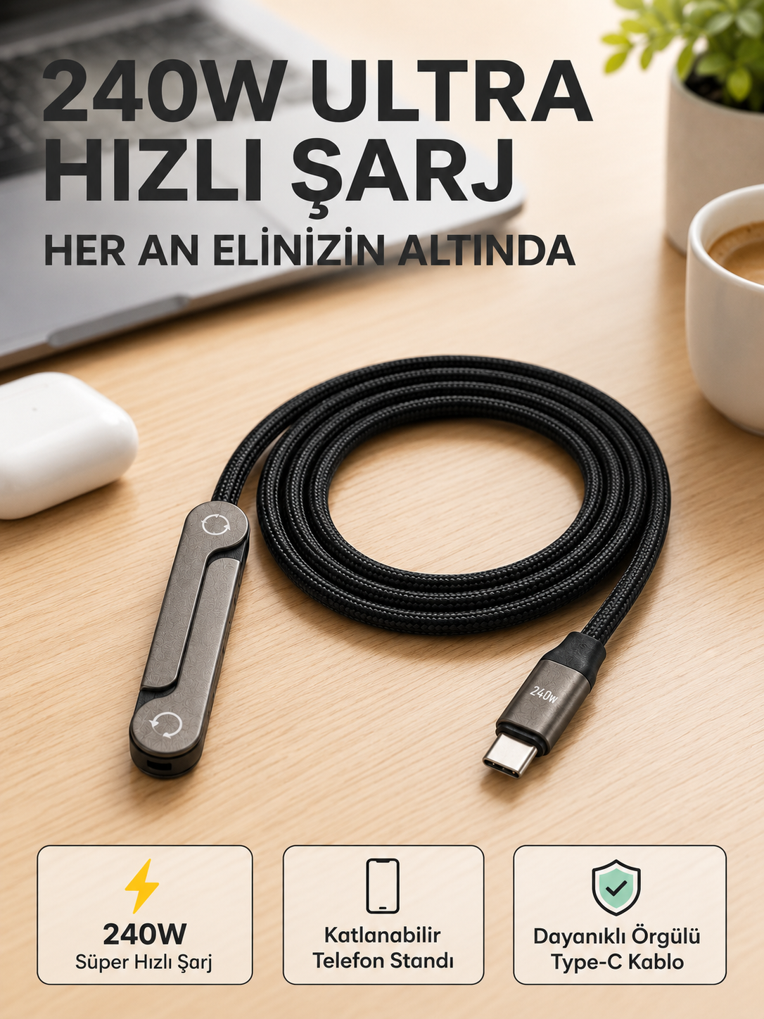 Örgülü 240W Type-C Katlanabilir Telefon Standlı Şarj Kablosu
