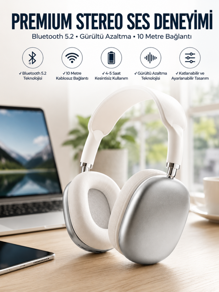 P9 Plus Kablosuz Kulak Üstü Bluetooth Kulaklık Beyaz Yüksek Ses Kaliteli