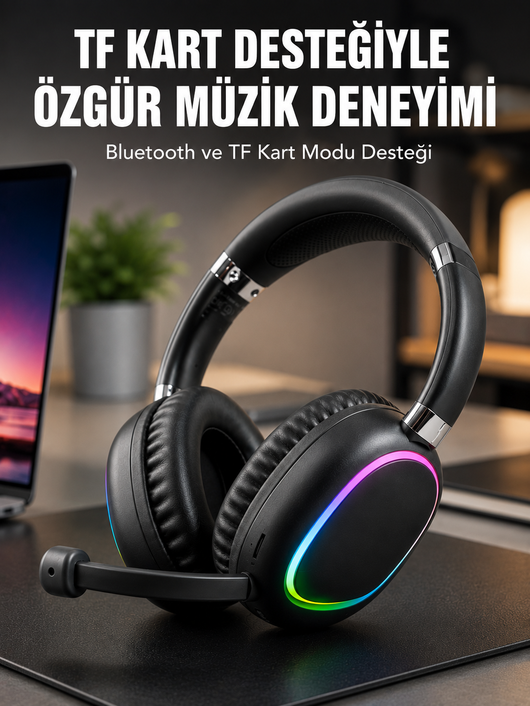 Mikrofonlu Bluetooth Kulak Üstü Kulaklık RGB Aydınlatmalı Type-C Şarjlı