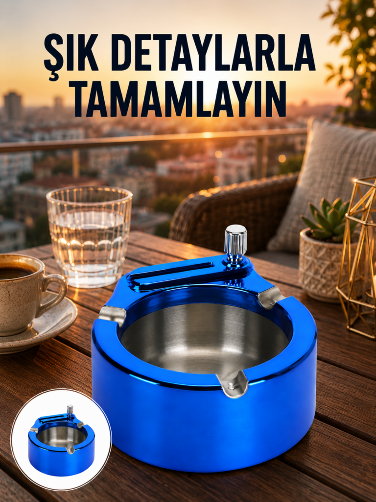 Yuvarlak Metal Küllük Çakmak Entegreli Dayanıklı Yapı Yeni Nesil