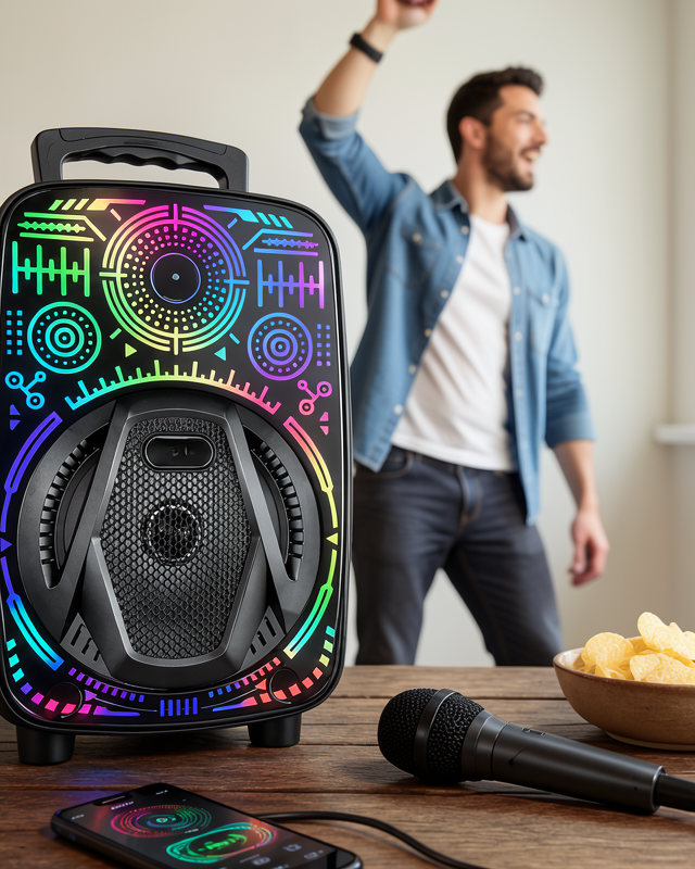 8 İnç Bluetooth Karaoke Hoparlör Mikrofonlu RGB Işıklı Taşınabilir