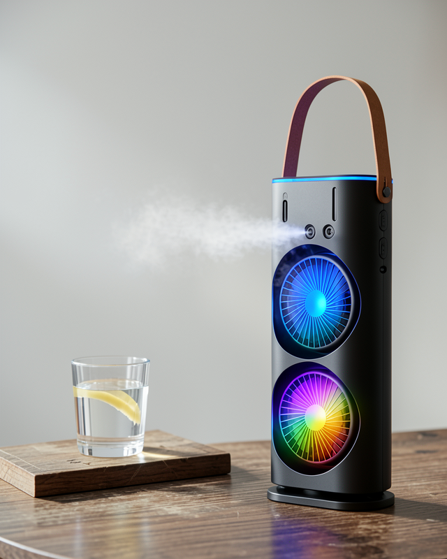 Şarjlı Buharlı Fan RGB Işıklı Çift Pervaneli Masa Fanı