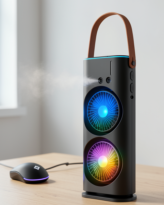 RGB Işıklı Spreyli Güçlü Üflemeli Masa Fanı Çift Motorlu Taşınabilir