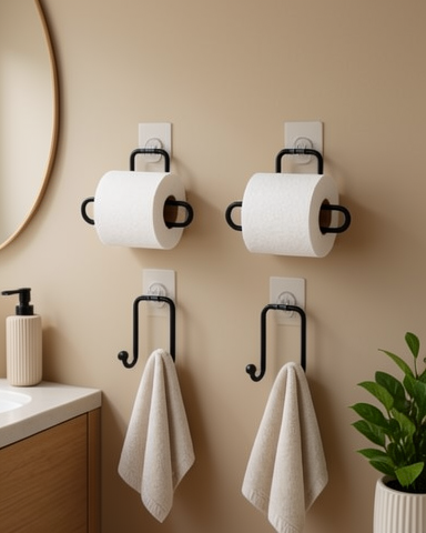 2 Adet Rulo Kağıt Tutucu ve 2 Adet Havlu Askılığı ile Pratik Banyo Düzenleme Seti