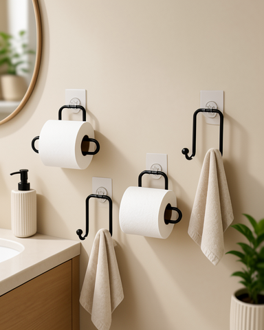 2 Rulo Tutucu 2 Havlu Askılığı ile Yapışkanlı Banyo Düzenleme Seti 4 Parça
