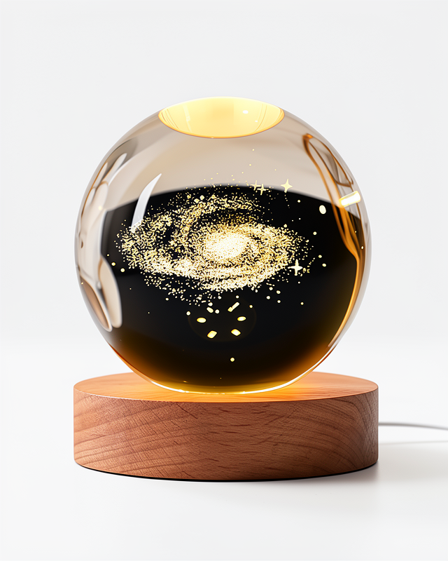 Gün Işığı LED Masa Lambası Ahşap Stand ile Samanyolu Desenli Kristal Küre