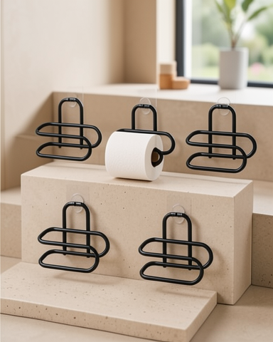 Siyah Metal Delmeden Monte Tuvalet Kağıdı Askısı 5'li Set Yapışkanlı Banyo