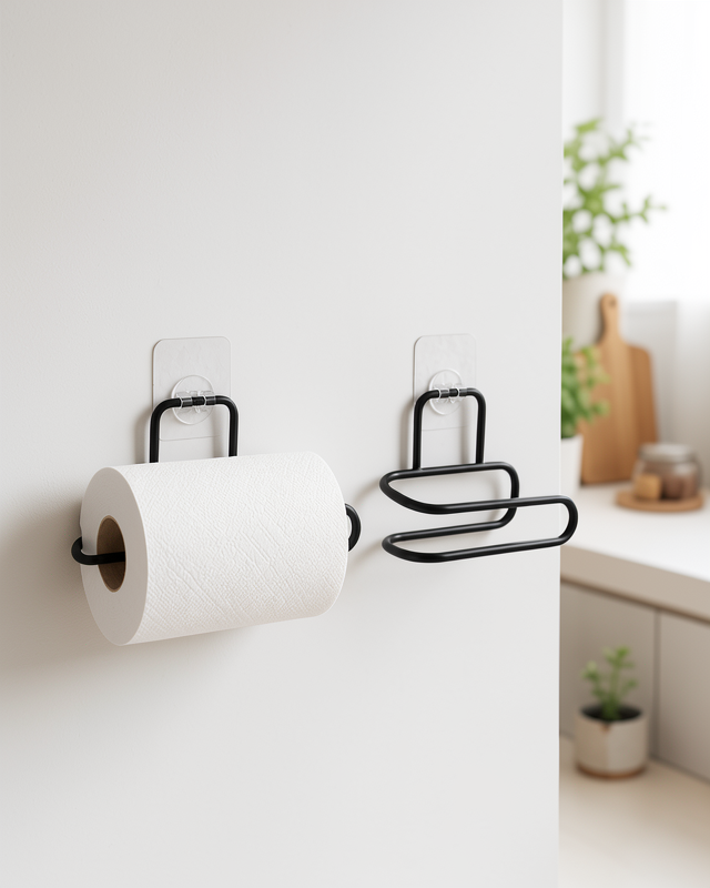 Yapışkanlı 2’li Siyah Metal Rulo Kağıt Tutucu Banyo ve Mutfak İçin