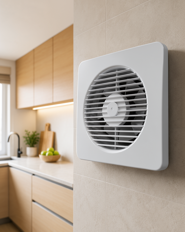 320 m³/h hava aktarım kapasitesine sahip 150 mm duvar ve tavan aspiratörü 20,8 x 20,8 cm
