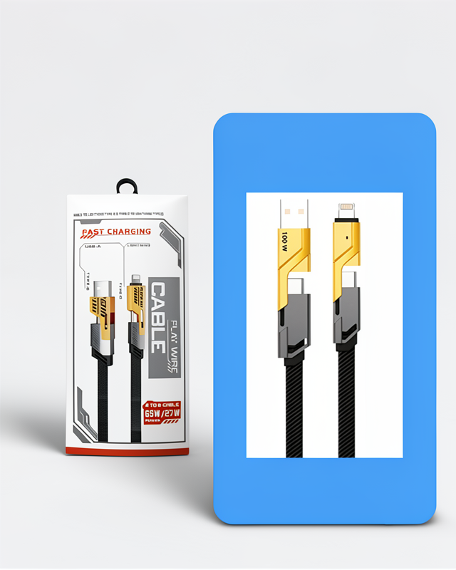 65W Hızlı Şarj, Örgülü Dayanıklı Yapı ile USB-C ve Lightning Uyumlu 4'ü 1 Arada Kablo