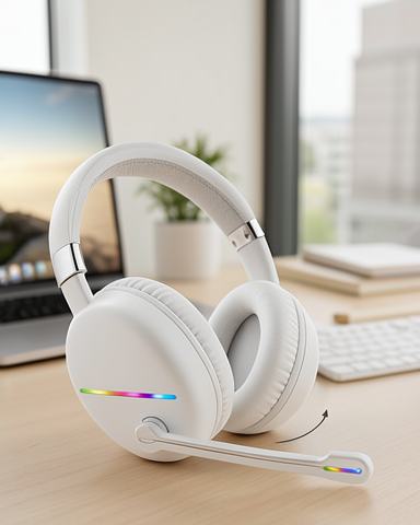 Over-Ear Tasarıma Sahip Beyaz RGB Işıklı Mikrofonlu Bluetooth Kulaklık Type-C Şarjlı