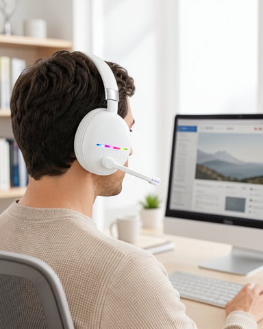 Kablosuz Beyaz Kulak Üstü Kulaklık, Bluetooth 5.0, Mikrofon, RGB Işıklı, Type-C Şarjlı