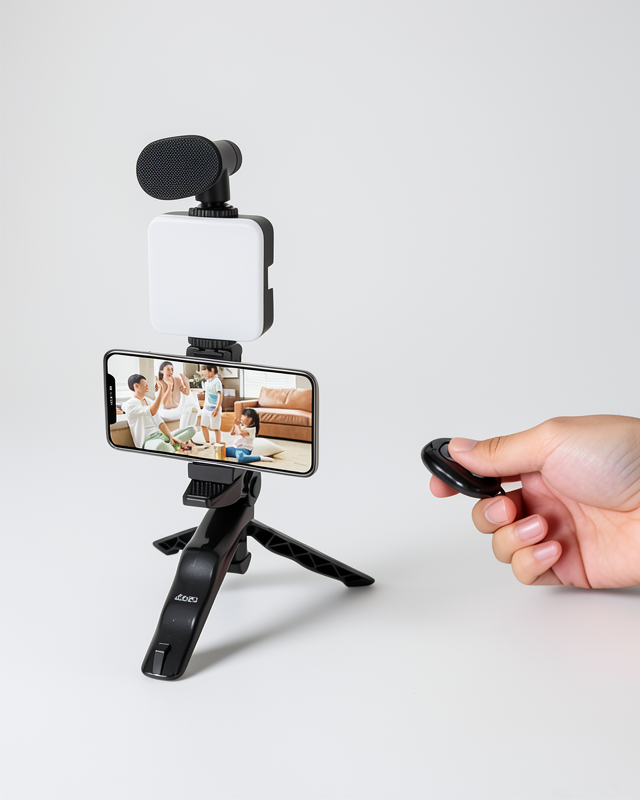 Kumandalı Mikrofonlu Telefon Tutucu, LED Işıklı Vlog Video Kayıt