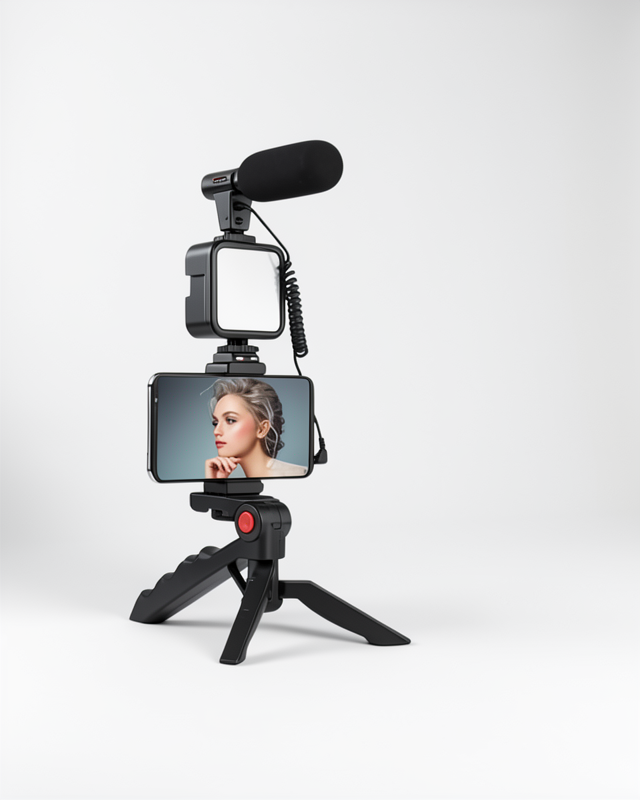 Mini Mikrofonlu Telefon Tutucu ile Akıllı Telefon Vlog Kiti Tripod