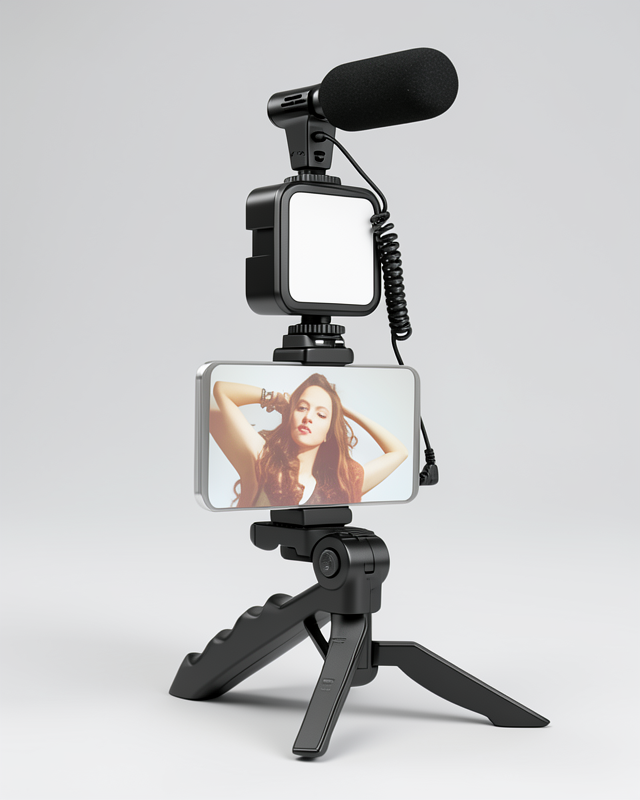Kumandalı Mikrofonlu LED Işık ve Mini Tripod ile Telefon Tutucu Vlog Kayıt