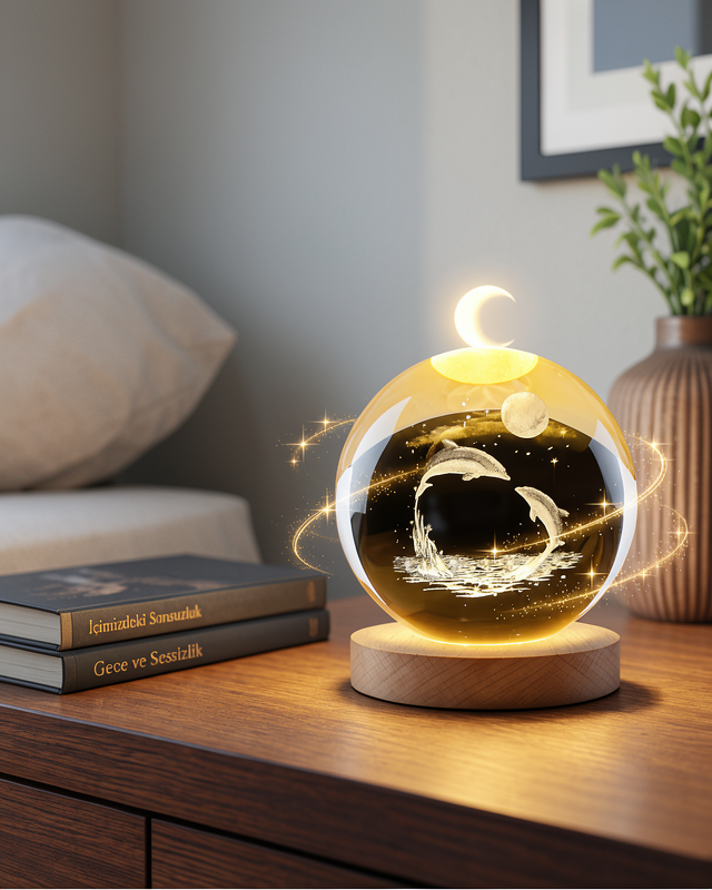 Ahşap Altlıklı USB Işıklı Kristal Küre - Yunus Temalı Gece Lambası