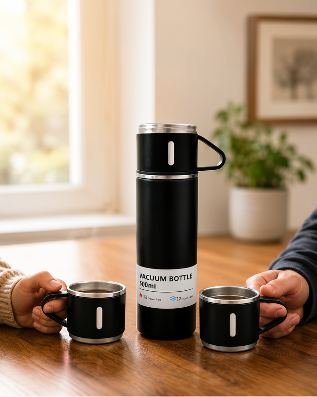 Şık ve Pratik 500 ml Çelik Termos ve Bardak Seti | Silikon Tabanlı Isı Korumalı