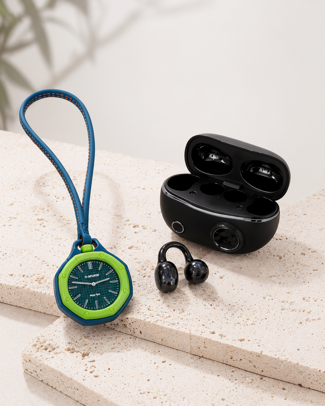 Bluetooth Kulaklık ve Yeşil Askılı Çanta Charm Saat Seti Şarj Kutulu