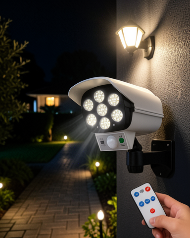 Güneş Enerjili 77 LED'li Güvenlik Lambası ve Kukla Kamera – 2400mAh Pilli, Hareket Sensörlü