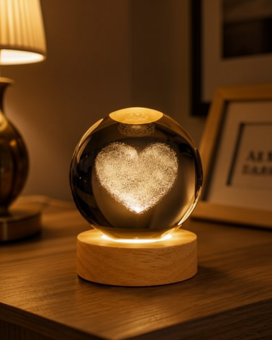 Işıklı Dekoratif Obje: Romantik Kalpli Kristal Cam Küre USB'li