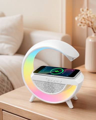 Bluetooth Hoparlör ve Gece Lambası – Kablosuz Şarj, NFC, FM Radyo, RGB Işık