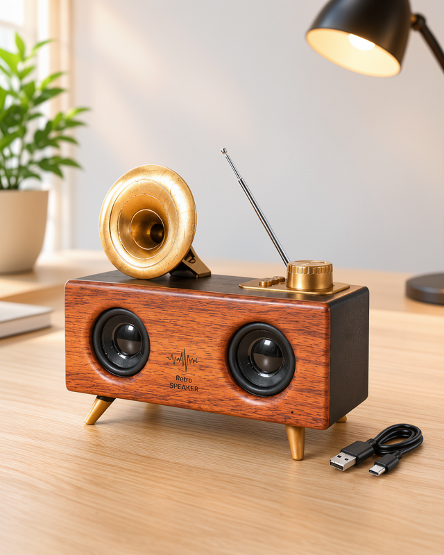 Bluetooth Hoparlör - Retro Gramofon Tasarımı, 3D Stereo Ses, 1800 mAh Batarya