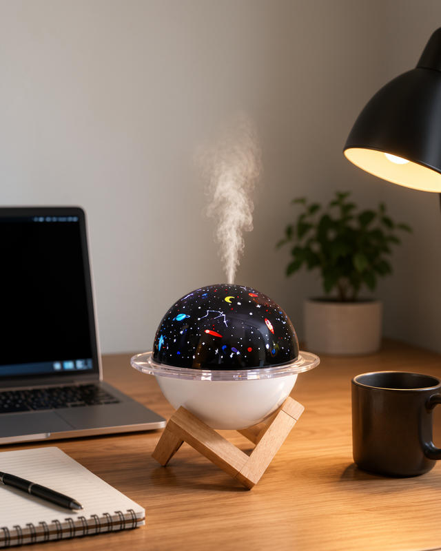 USB bağlantılı taşınabilir nemlendirici cihaz, projektör ışığı ve aromaterapi