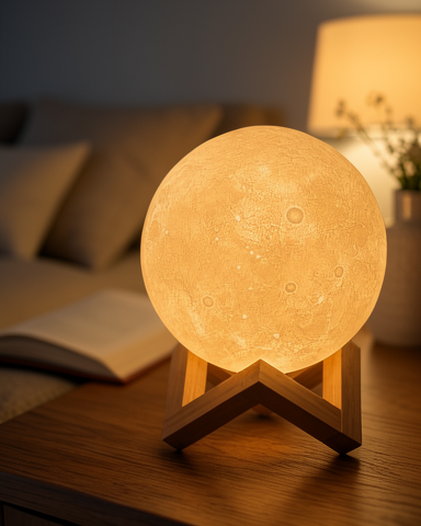 Dekoratif LED Masa Lambası Ahşap Stand ile 3D Ay Gece Lambası