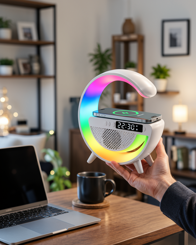 LED Masa Lambası Çalar Saat ve Beyaz Gürültü Özellikli Kablosuz Şarjlı