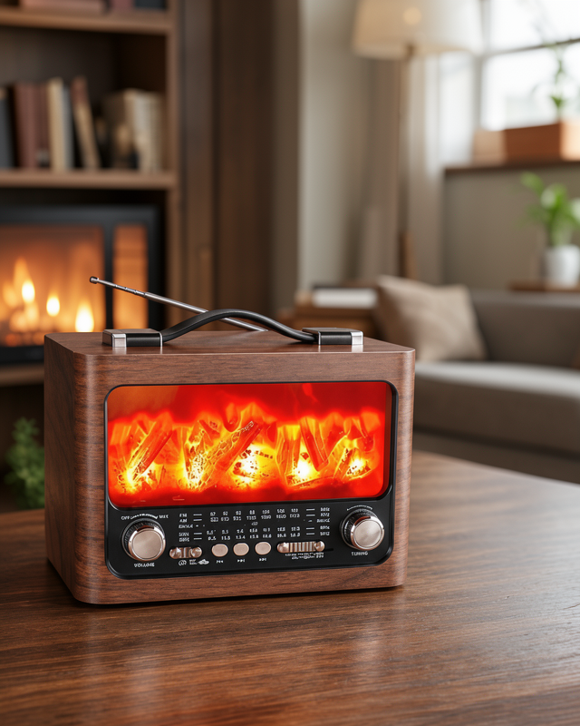 Bluetooth Hoparlör - Solar Şarjlı Şömine Işıklı, Radyo, USB, TF Kart Destekli