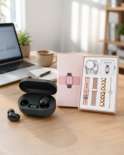 Bluetooth Kulaklık ve Çoklu Şarj Girişi ile Nabız Ölçer Hediye Bileklikli Akıllı Saat