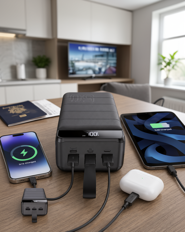 50.000 mAh Kapasiteli Taşınabilir Powerbank Çoklu Şarj Girişi ile Dijital Gösterge