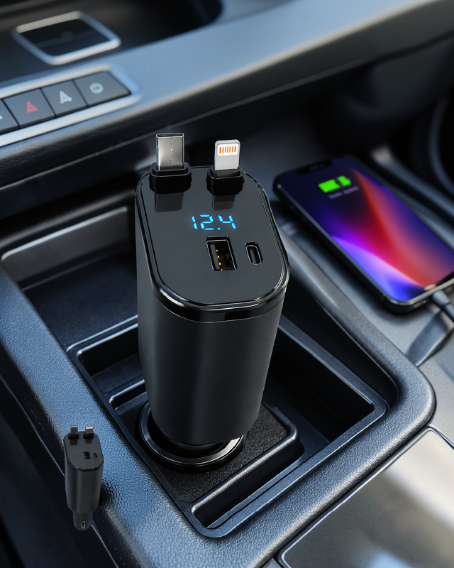 USB-A, USB-C, Type-C ve Lightning ile 4 Cihazı Aynı Anda Şarj Eden Araç Şarj Cihazı