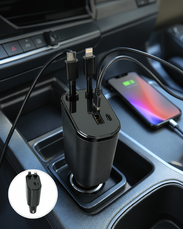 4'ü 1 Arada Araç Şarj Cihazı 120W Hızlı Şarj, Type-C, Lightning, USB ve USB-C Çıkışlı