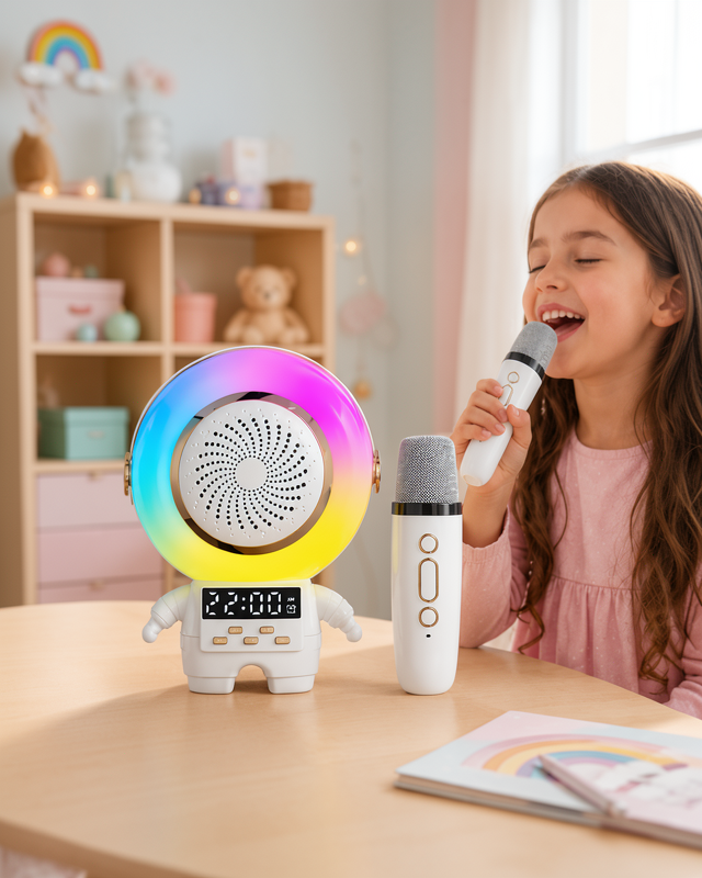 Karaoke Mikrofonlu Renkli Işıklı Mini Bluetooth Astronot Hoparlör