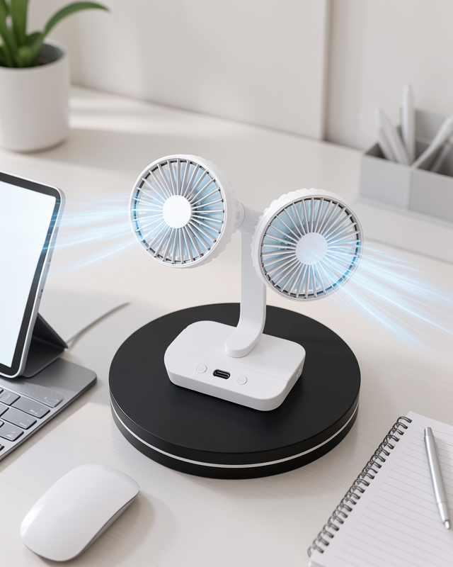 USB Şarjlı Sessiz Fan – 720° Döner Çift Taraflı Masaüstü Vantilatör