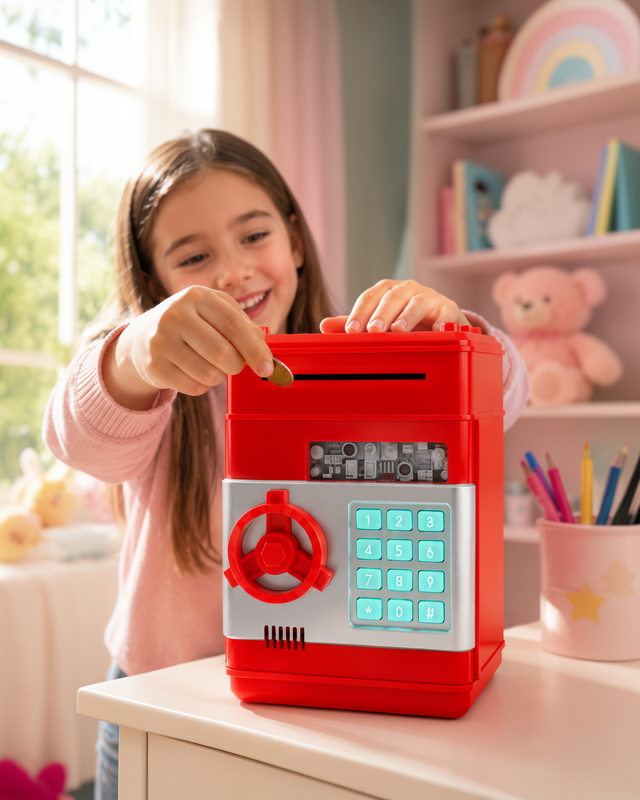 Kırmızı ATM Tasarımlı Şifreli Çelik Kasa Görünümlü Kumbara
