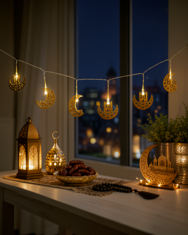 Gold Metal Ramazan Dekorasyonu için Pilli Minareli Hilal LED Işık
