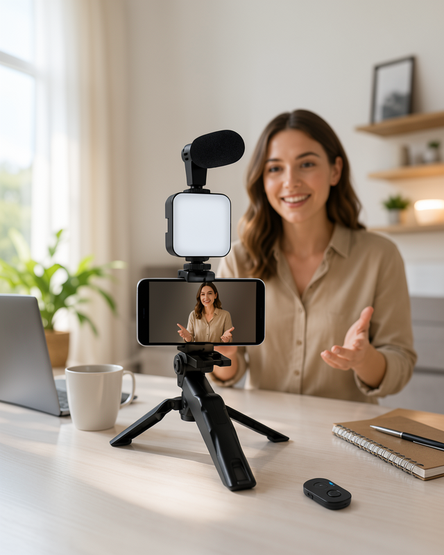 Yeni Nesil Kumandalı Mikrofonlu Telefon Tutucu Led Işıklı Vlog Video Kayıt