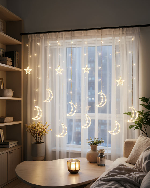 Yeni Nesil Prizli LED Işık ile Yıldız ve Ay Figürlü Romantik Perde