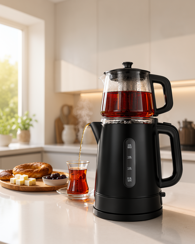Yeni Nesil 0,9 L Cam Demlik ve 1,7 L Su Haznesi ile Çay Keyfi