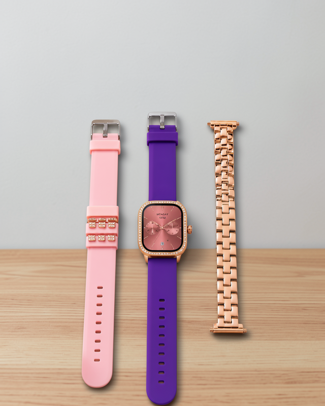Kadın Akıllı Saat Seti, 3 Kordonlu, Rose Gold Kasalı