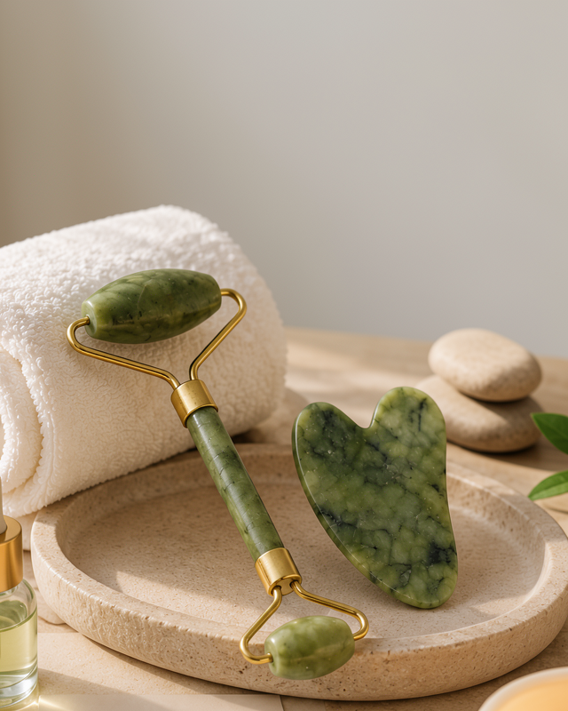 Gua Sha ve Roller Masaj Taşı ile Jade Stone Yüz Bakım Seti