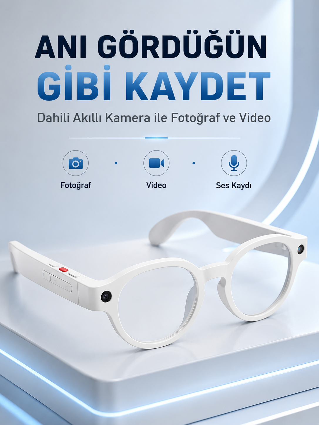 Beyaz Bluetooth Akıllı Gözlük Dahili Kameralı Fotoğraf Video Kayıt Yapay Zeka Çeviri Dokunmatik Kontrol Özellikli
